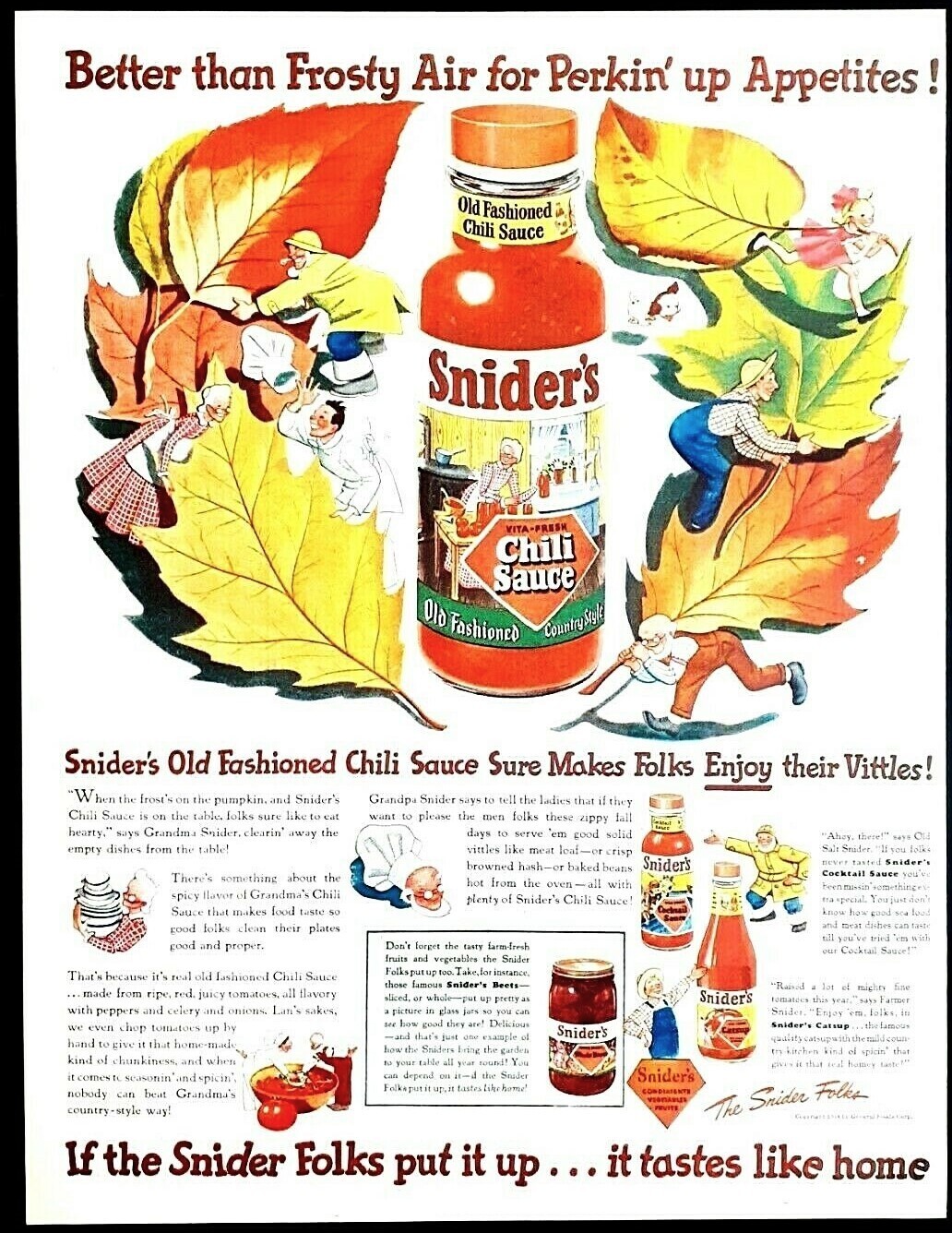 Snider's chili sauce ad Vintage 1944 autumn leaves original advertisement 