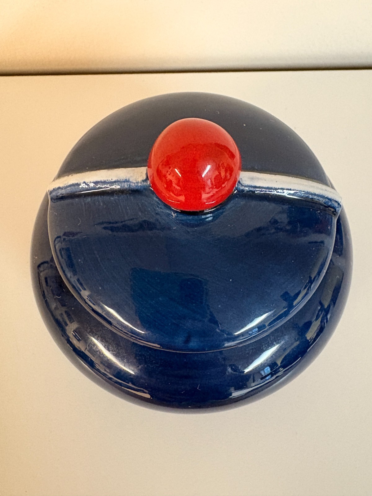 Vintage Vallauris France Ceramic Lidded Jar Cobalt Blue Sugar Pot Red Knob
