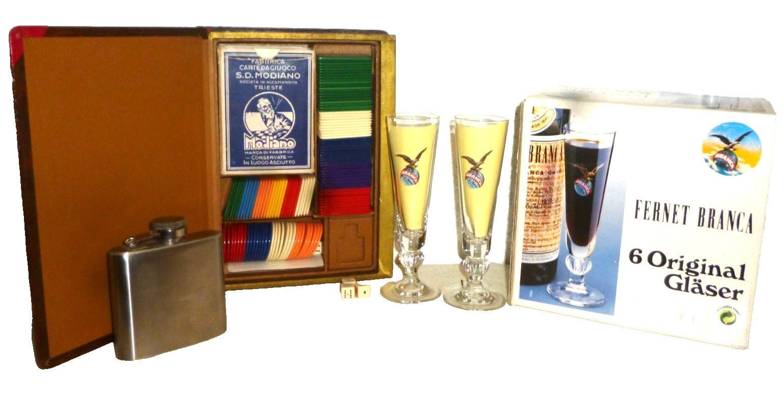 1950s Fernet Branca Jolly Joker Play Book, 6 Fernet Shot Glasses, Flask & Truck