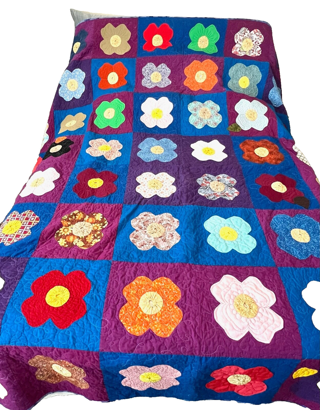 Vintage Hand & Machine Made Flower Garden Appliqué Quilt 95X95 Exquisite