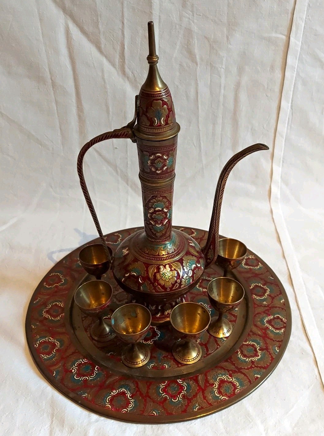 Vtg Indian Meenakari Brass Cordial Liquor Set 12\