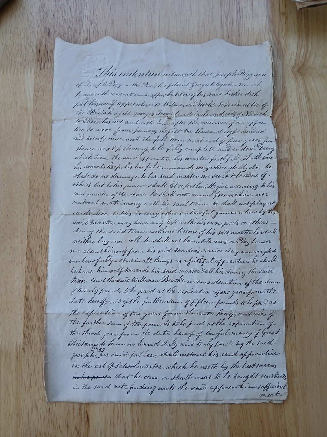 1829 Norwich Apprenticeship Indenture St George Colegate Tombland George IV