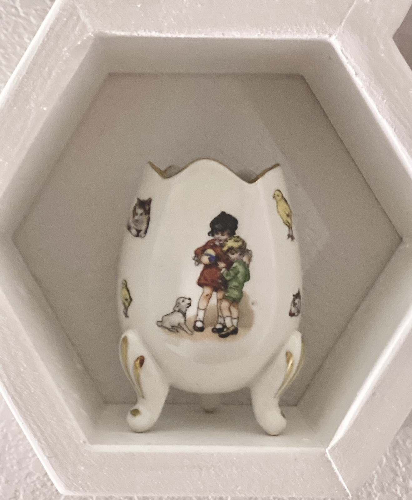 50s CID Limoges Porcelain Cracked Egg Pedestal Vase Kids Puppies Cats No Damage