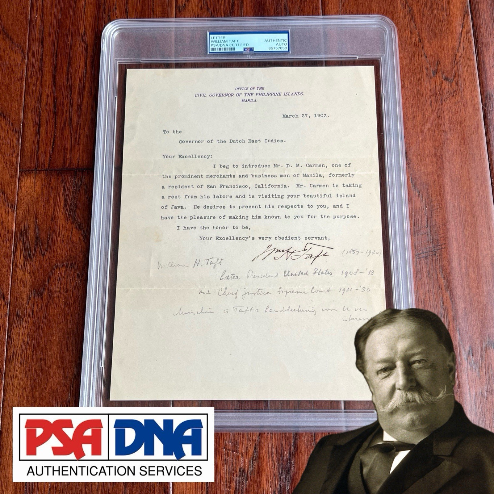 WILLIAM H. TAFT Autograph GOV of PHILIPPINE ISLANDS Letter Signed 1903 * PSA/DNA