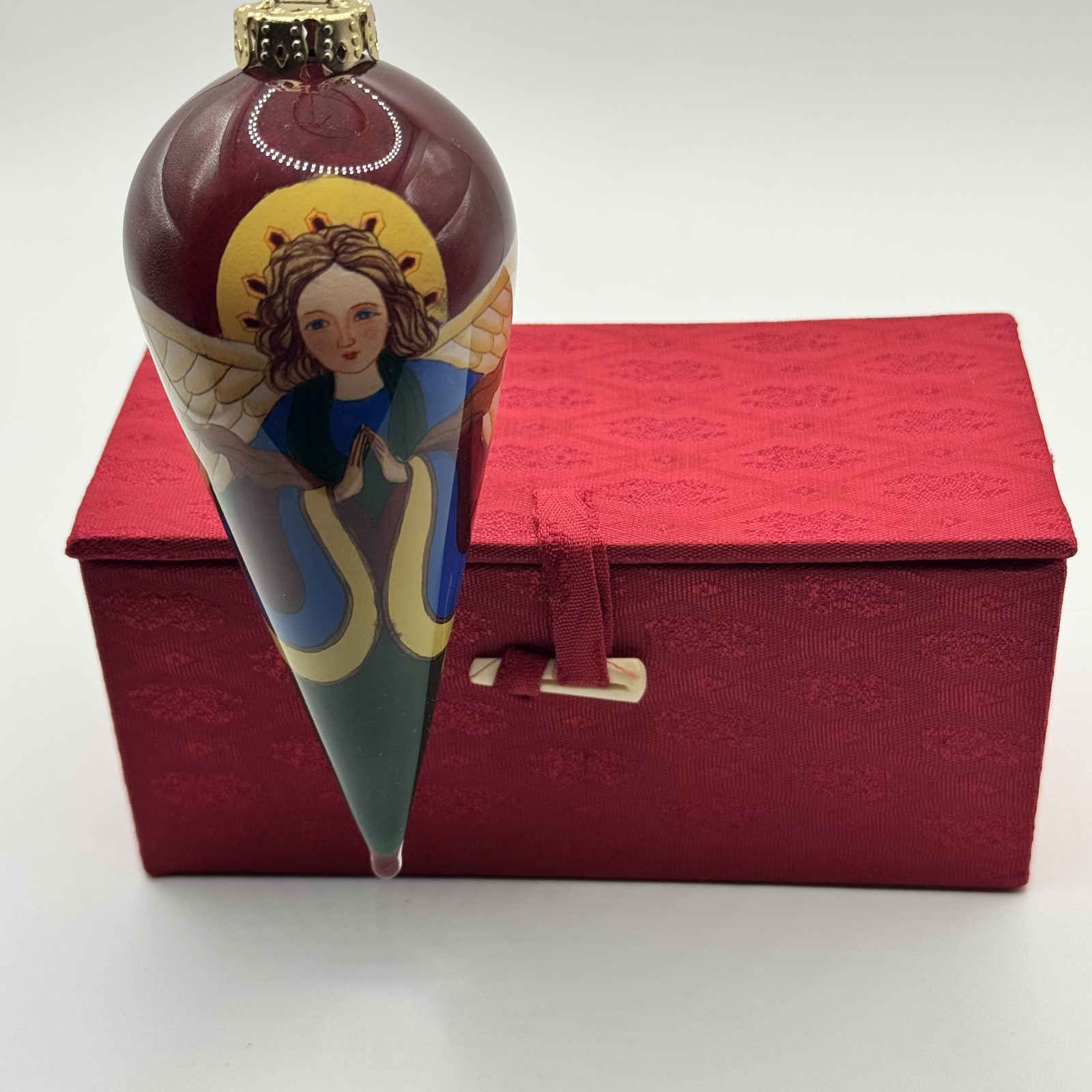 Vintage 1999 FIGI Inside Art Angel Plum Reverse Painted Glass Ornament Box