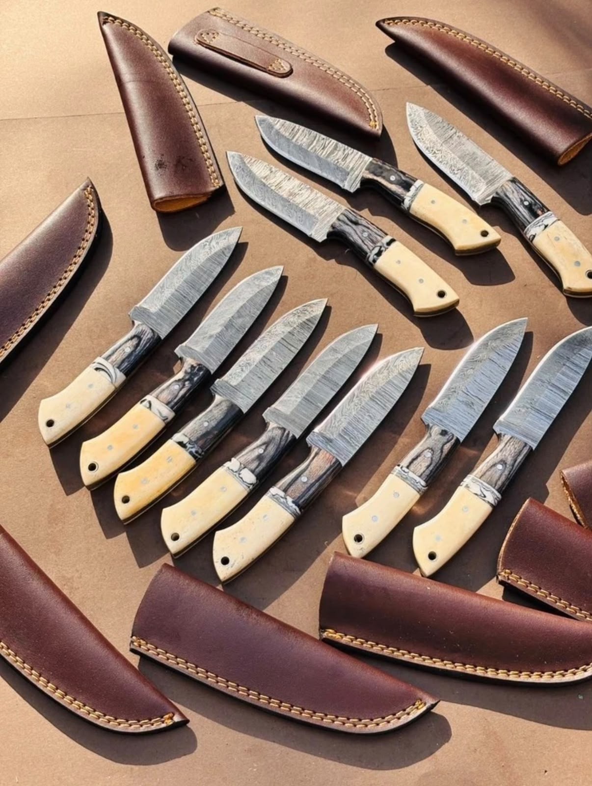 LOT OF 20PCS, 8\'\' HAND FORGED DAMASCUS STEEL FULL TANG KNIVES  W/SHEATHS