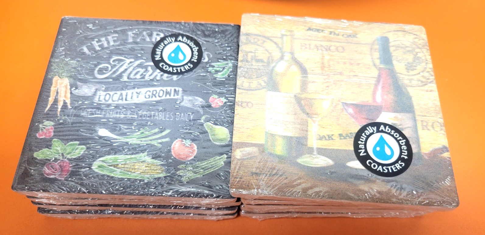 9 PC. CERAMIC COASTERS RUSTIC VEGGIES AND AGED IN OAK BRAND NEW 4\