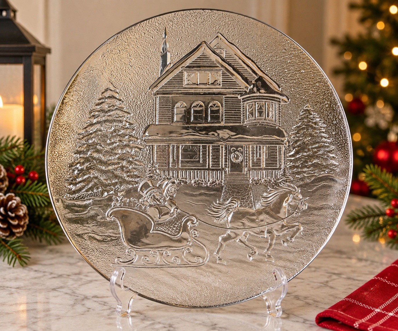 Vintage Clear Glass Christmas Platter Horse Sleigh Victorian House 12.5”