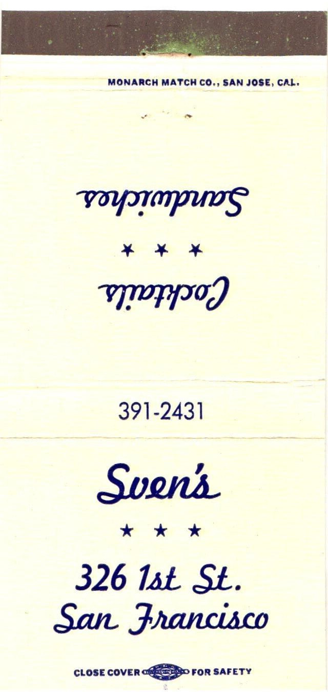 Sven\'s San Francisco CA Vintage Matchbook Cover 1960s-70s Sven\'s San Francisco CA Vintage Matchbook Cover 1960s-70s