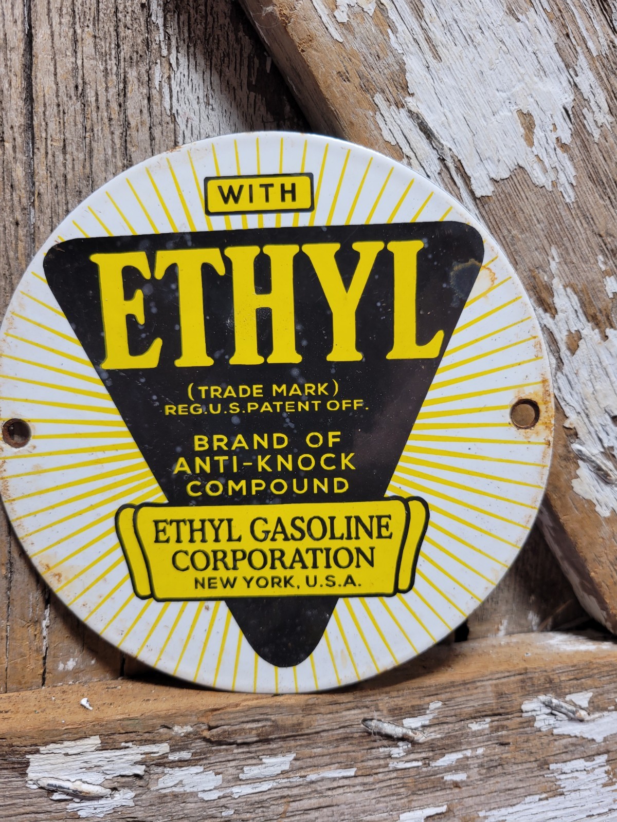 VINTAGE ETHYL GASOLINE PORCELAIN SIGN RARE OLD GAS PUMP PLATE 6\