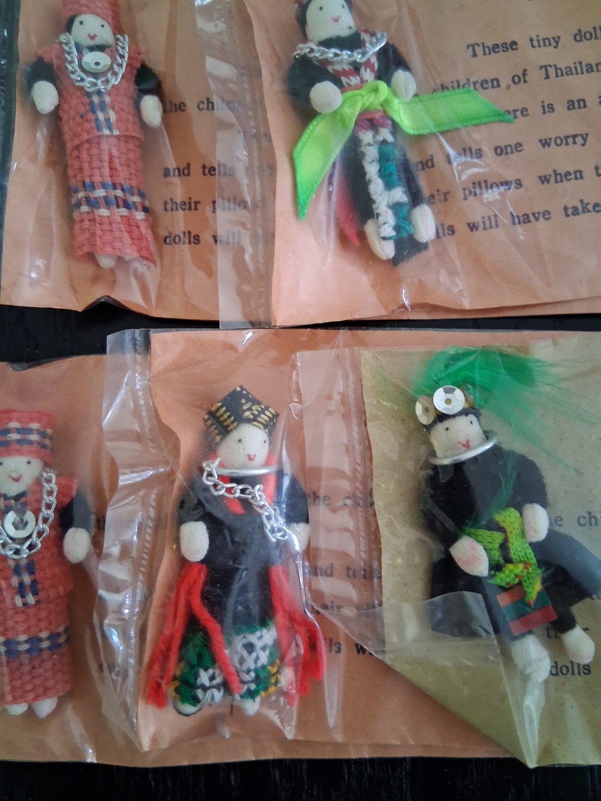 Lot of 5 Vintage Thai Worry Dolls Handmade in Thailand Authentic Folk Art