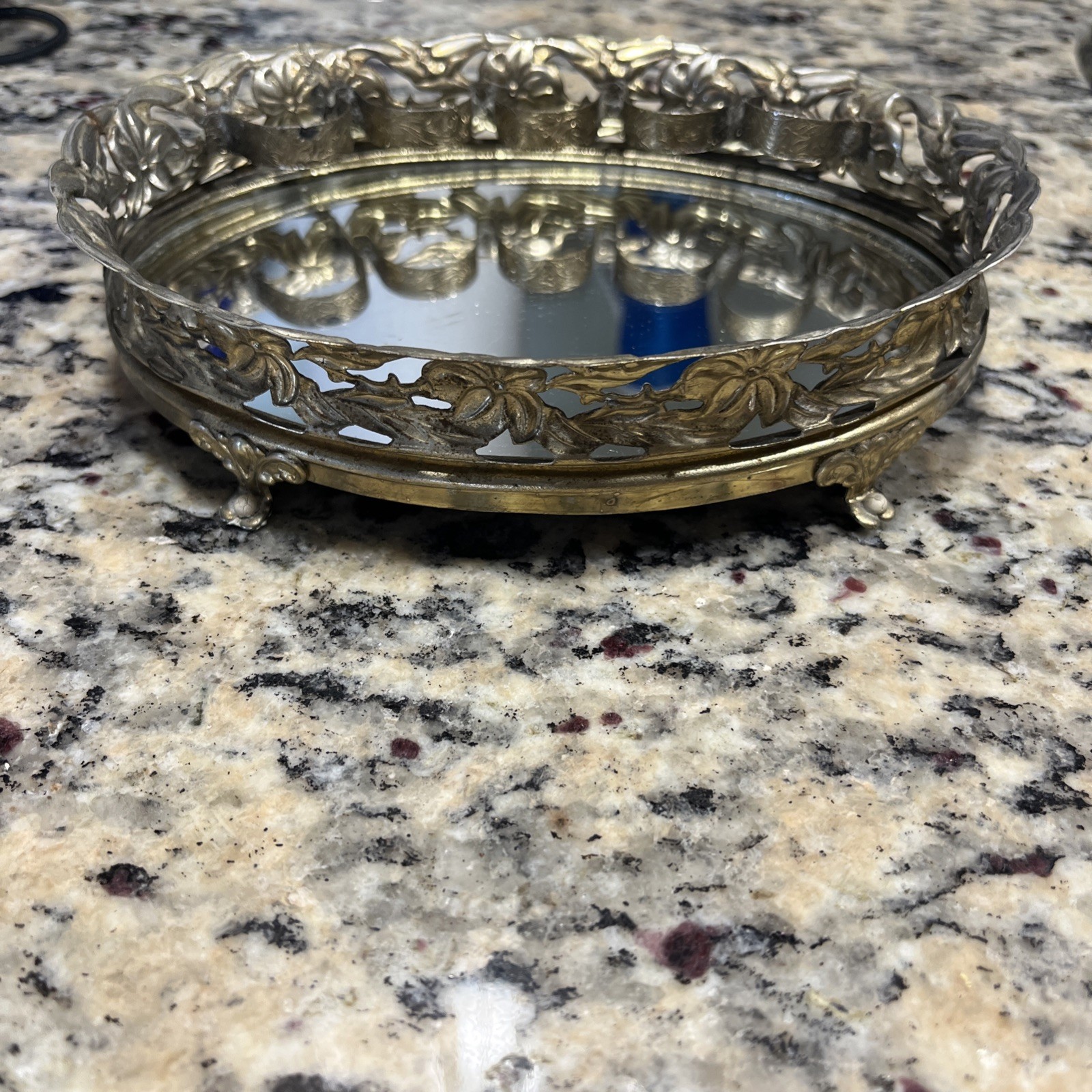 Vintage Gold Tone Floral 5 Lipstick Holder Perfume Mirrored Tray  7” X 5.5”