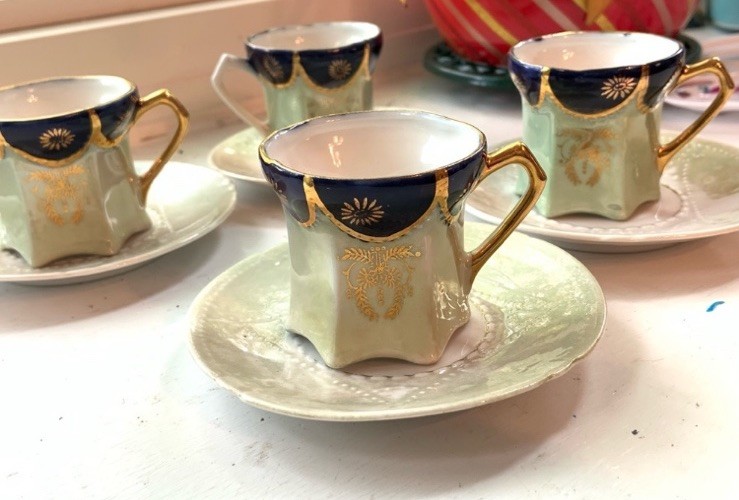 Antique German Cobalt Blue Gold Gilt Demitasse Cup & Saucer Set -4 Duos Mark 247