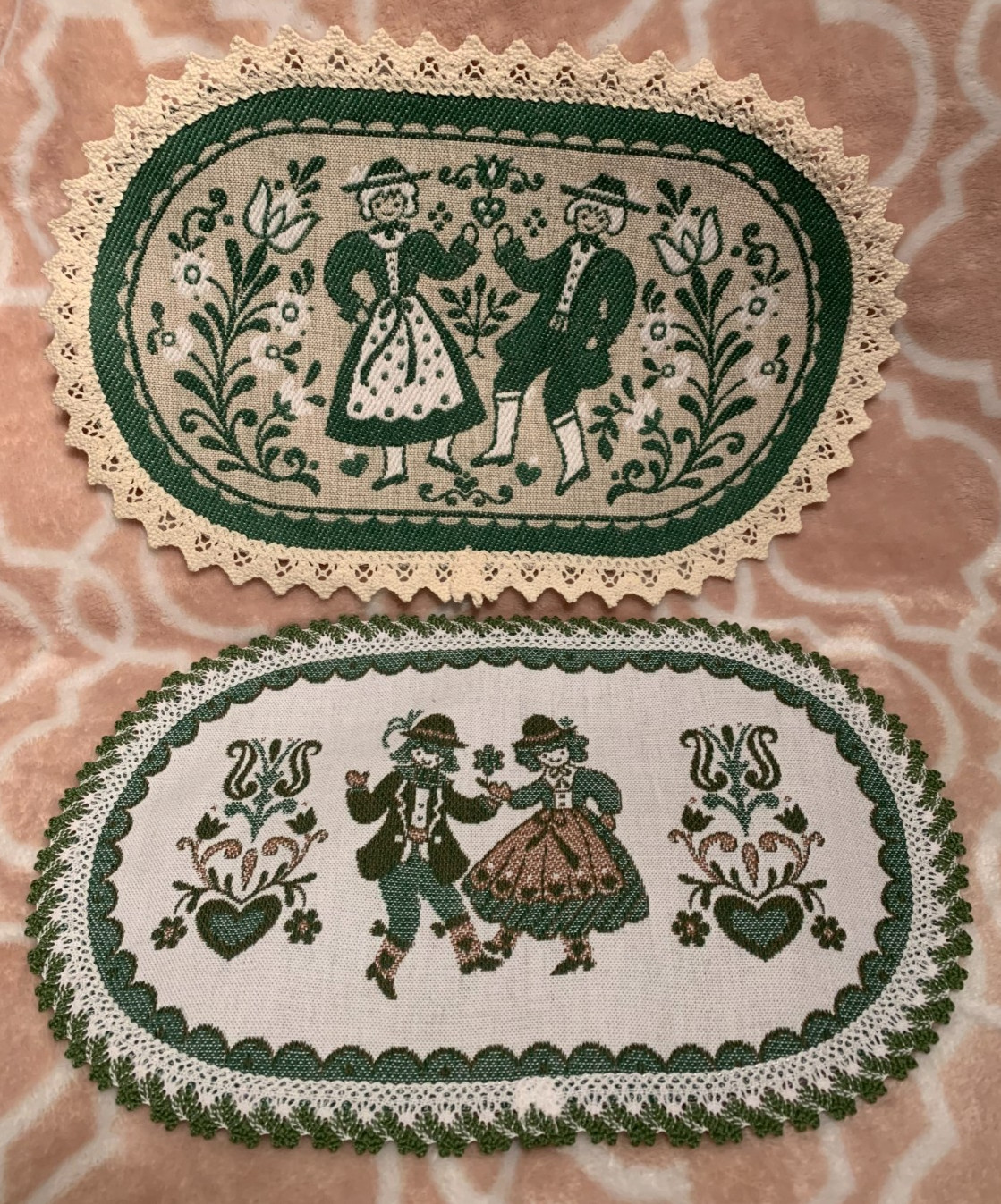 Vintage Doily Austrian Folk Art Woven Doilies Man Woman Dancing Green