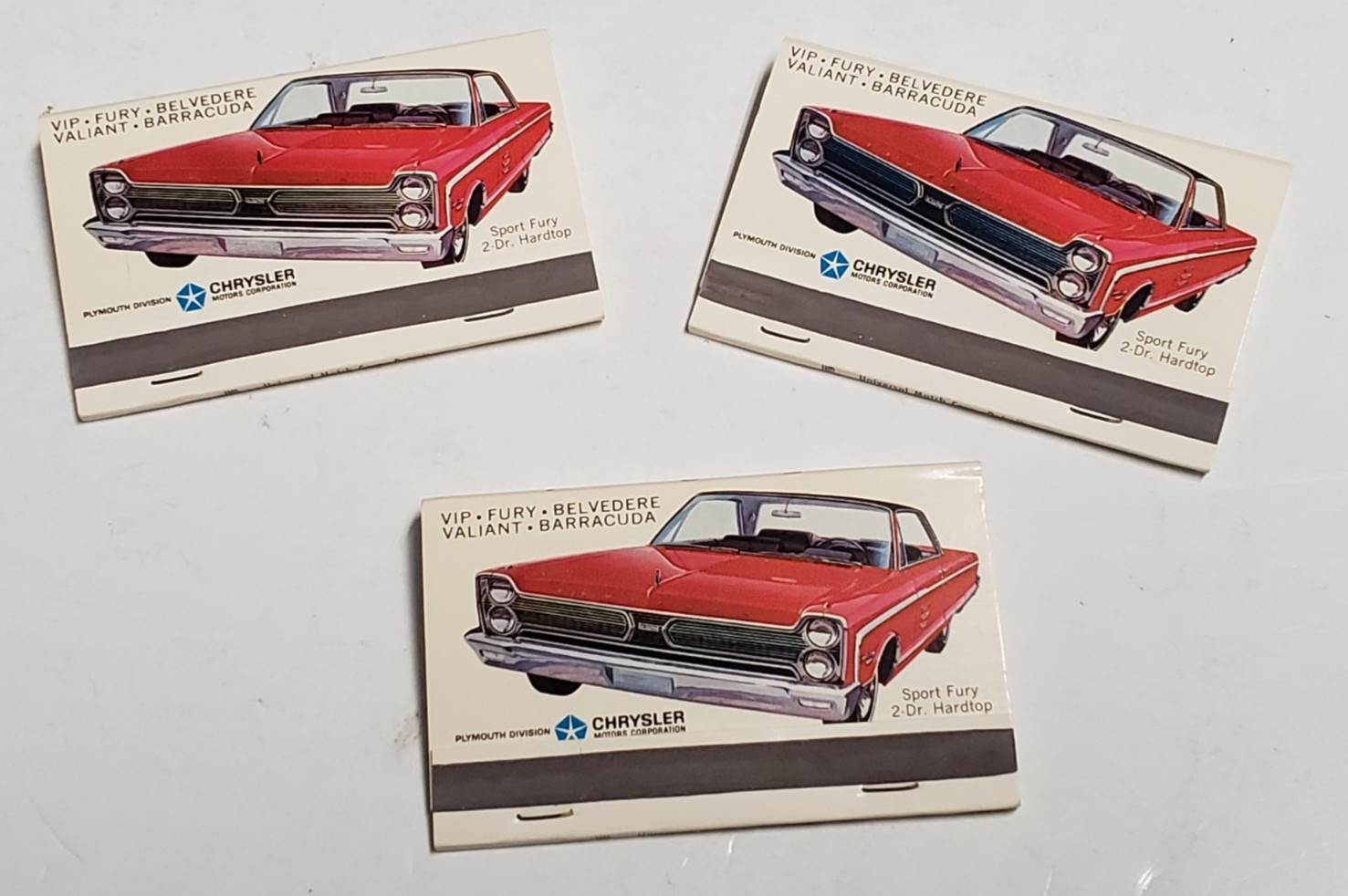 Vtg 3 mid-1960s Wide Matchbooks - PLYMOUTH FURY Chrysler Cars, Barracuda, NEW