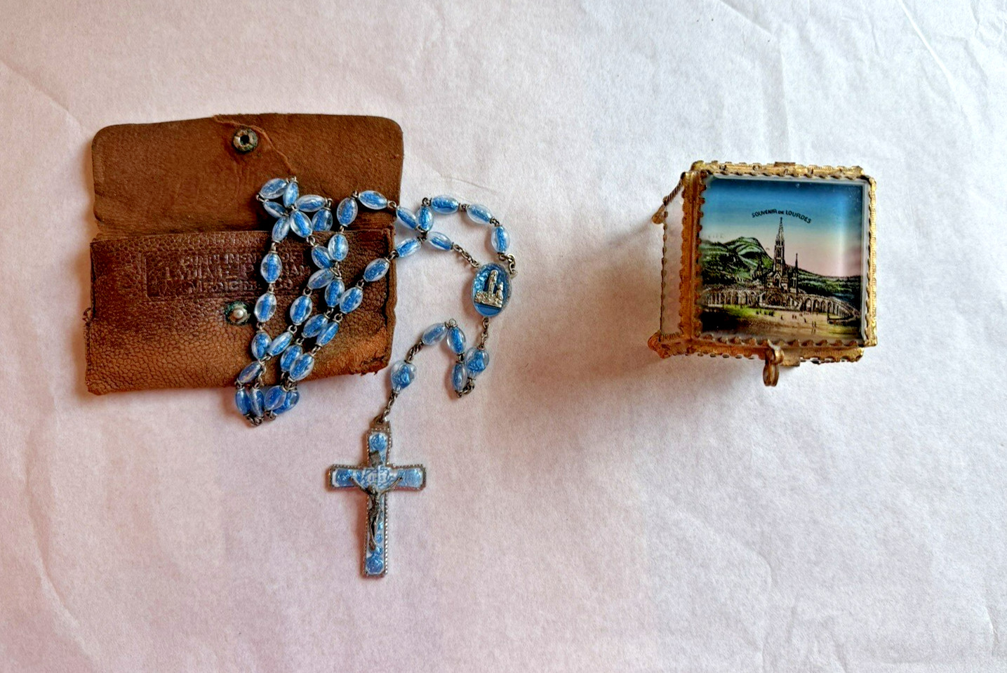 Vintage 1958 Lourdes Blue Bubble Bead Rosary with tag & Lourdes Jewelry Casket