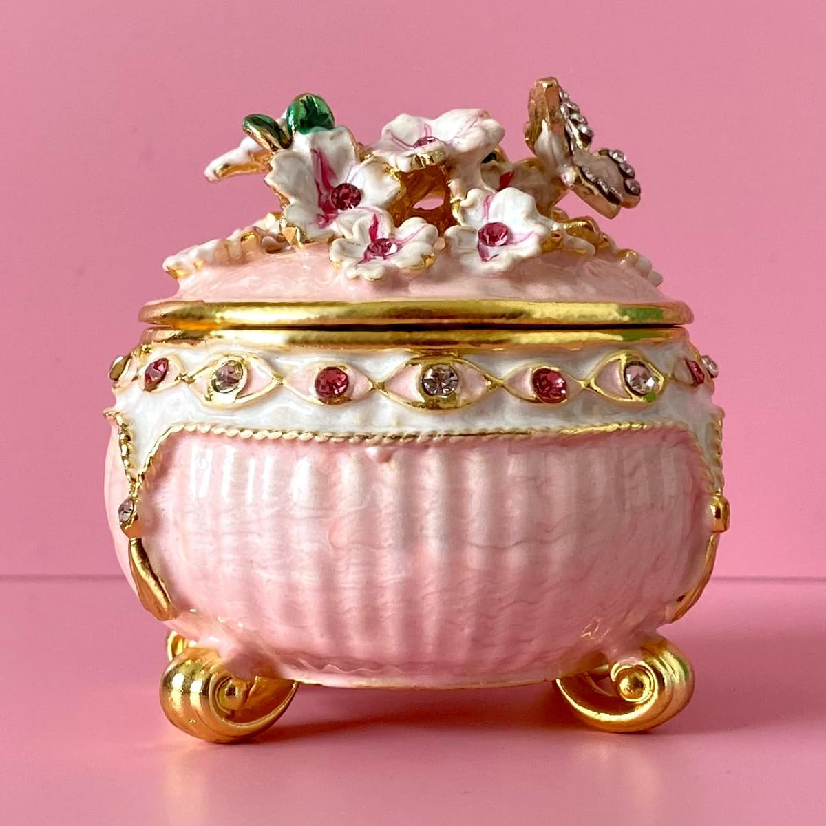 Crystal Jeweled Enameled Trinket Jewelry Boxes Hinged Hand-Painted Flower Butter Crystal Jeweled Enameled Trinket Jewelry Boxes Hinged Hand-Painted Flower Butter