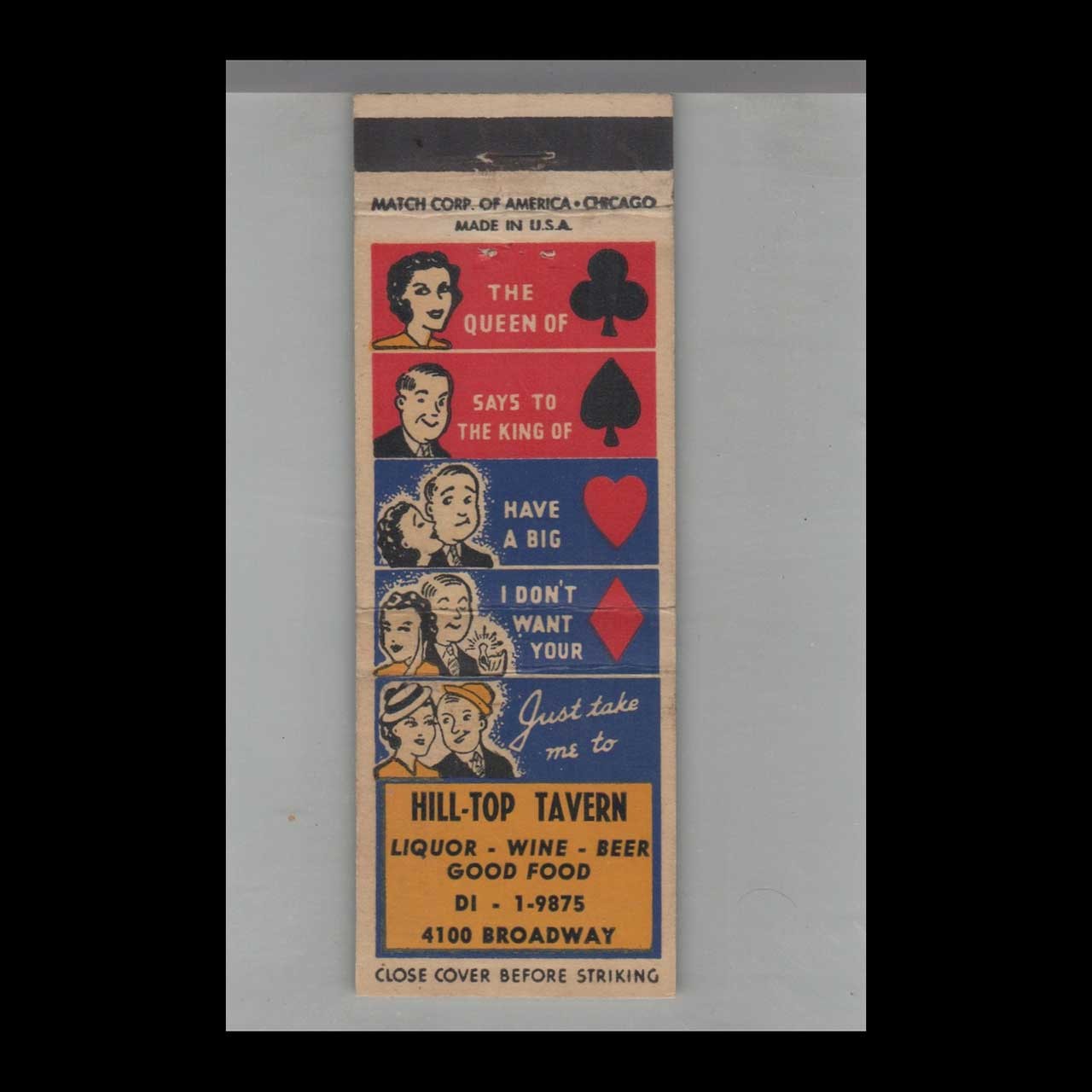 Matchbook Cover Hill-Top Tavern 4100 Broadway