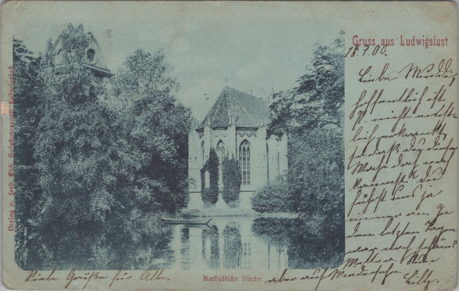 Postcard, greeting from Ludwigslust Catholic Church, 1899, D/43