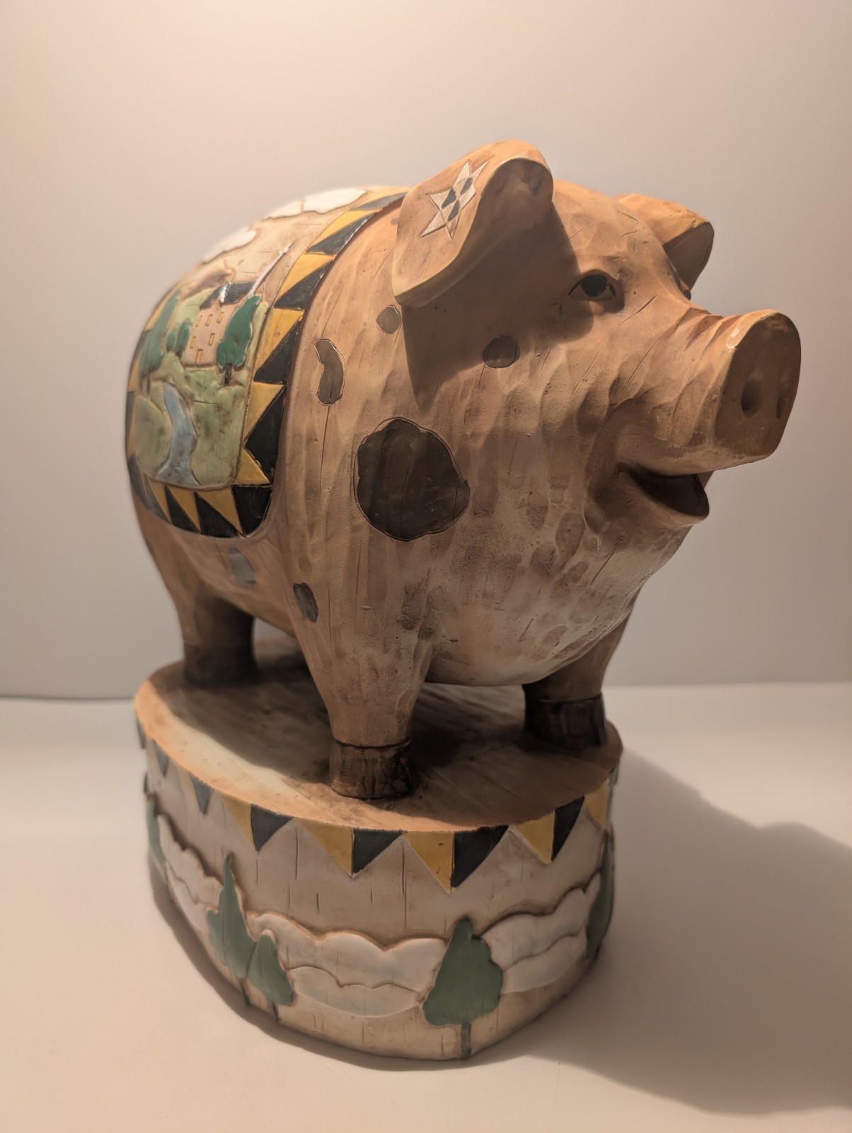 Vintage Seymour Mann Resin Wood Look Hand Painted Pig Clouds Trees And Church