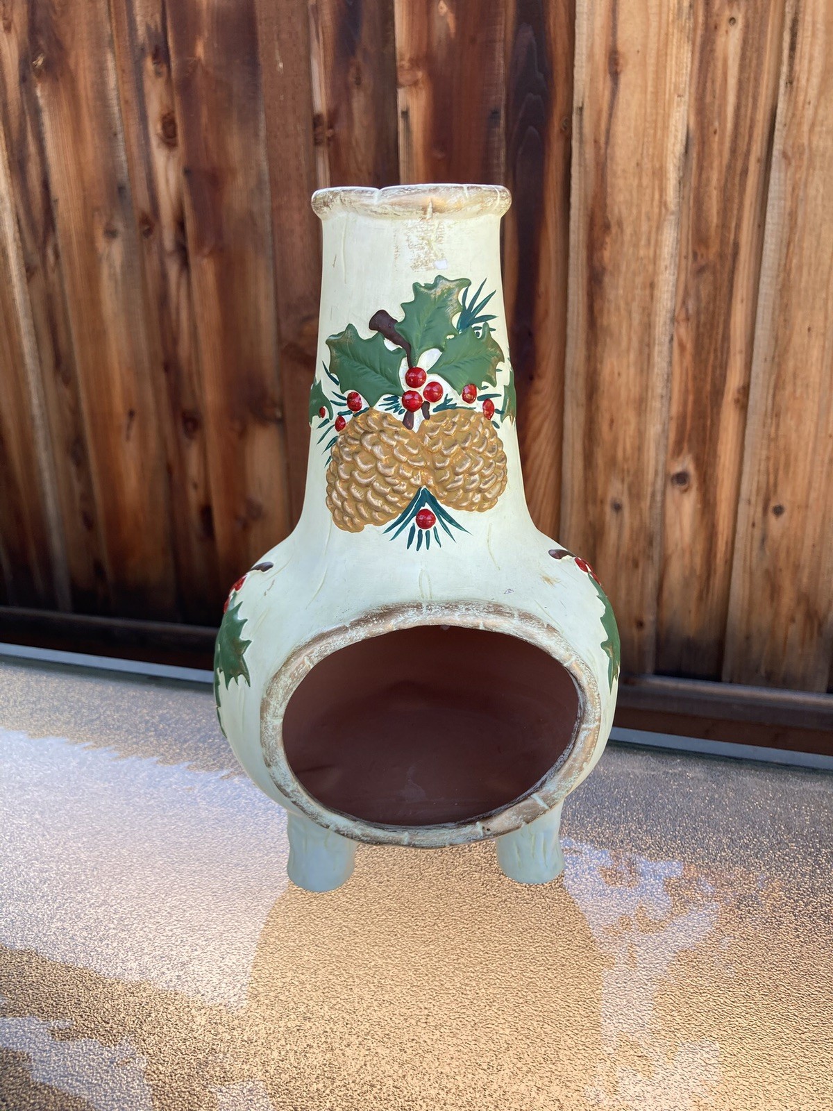 Vintage Christmas Holiday Chiminea Pinecones Holly Berry