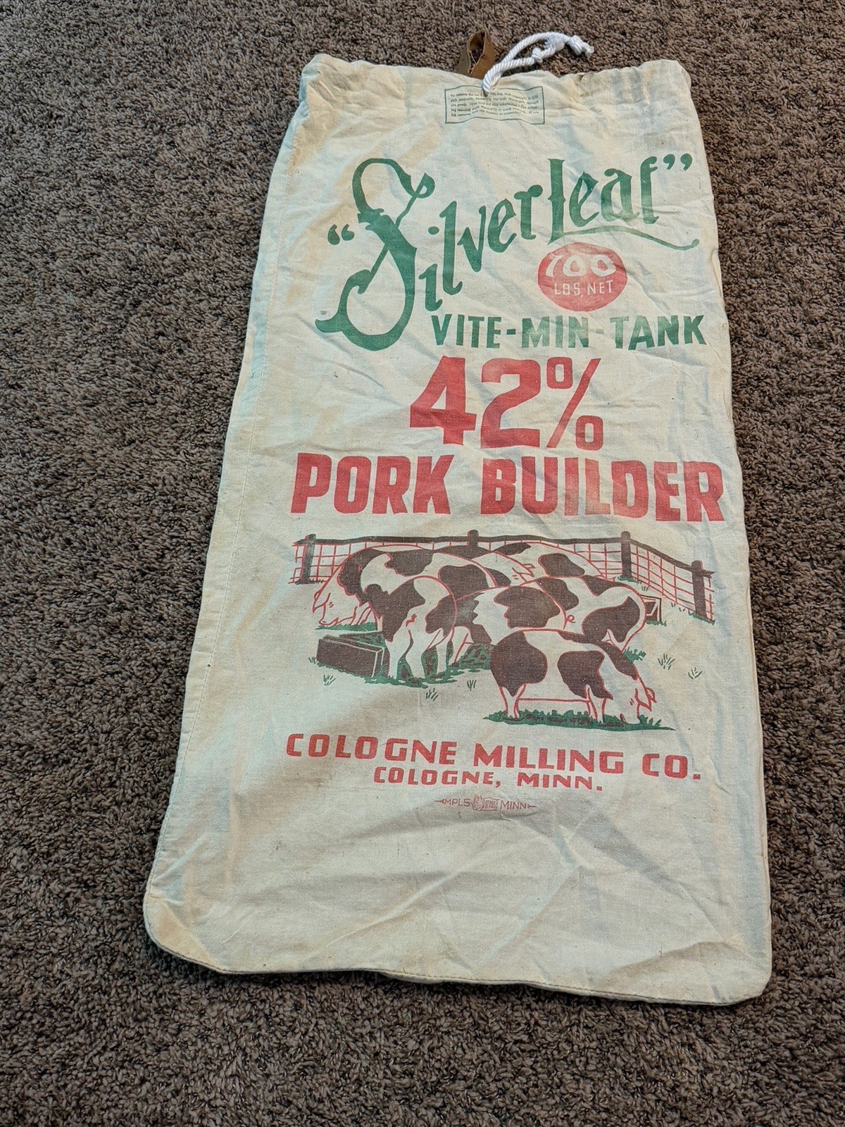 Vintage Silverleaf Vite-Min-Tank Feed Sack Bag 42% Pork Builder Cologne, MN
