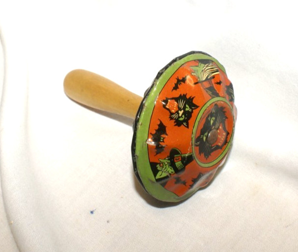 VTG Kirchhof Tin Toy Lithograph Halloween Bell Clanger Noisemaker Wood Handle VTG Kirchhof Tin Toy Lithograph Halloween Bell Clanger Noisemaker Wood Handle
