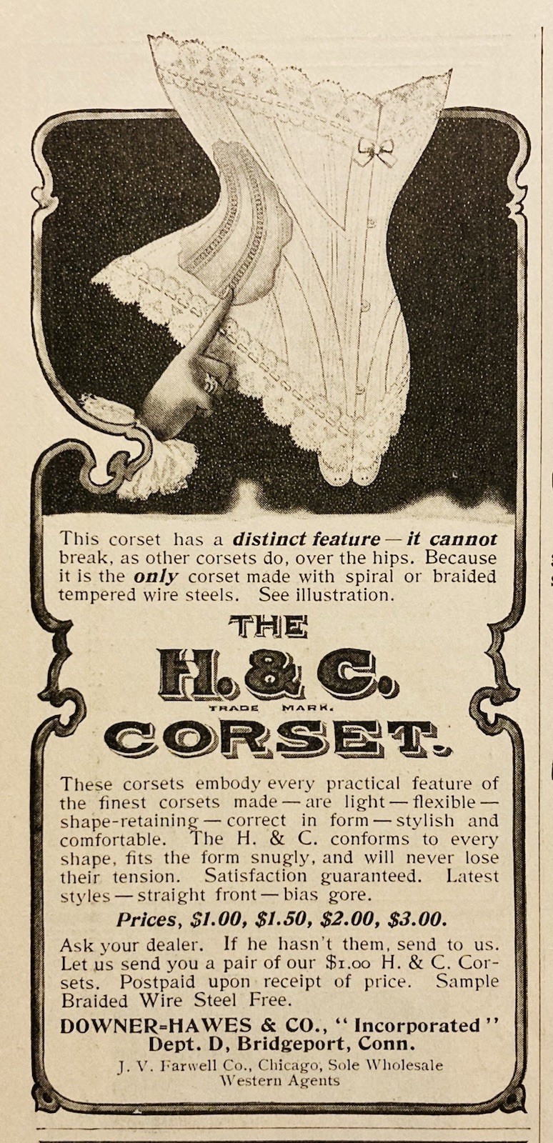1902 AD.(N8)~DOWNER-HAWES CO. BRIDGEPORT, CONN. THE H. & C. CORSET