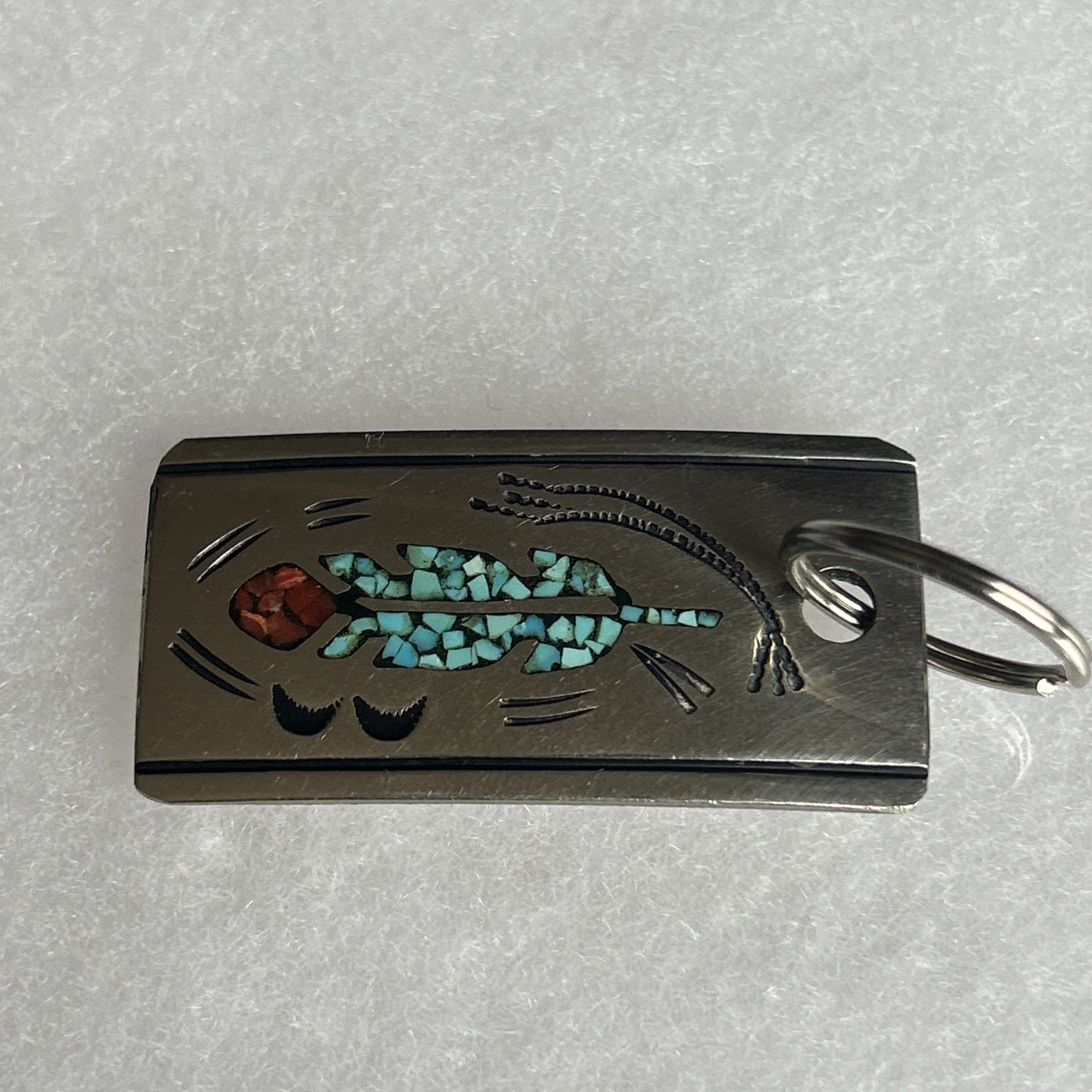 Vintage J Nezzie Navajo Alpaca Silver Keychain Turquoise Coral Inlay