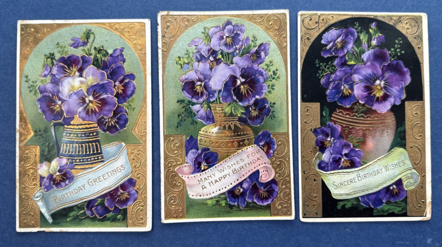 SET 3 Birthday Antique Postcards. EMB, Strong Gold. Unique. PUBL: B&S. NICE