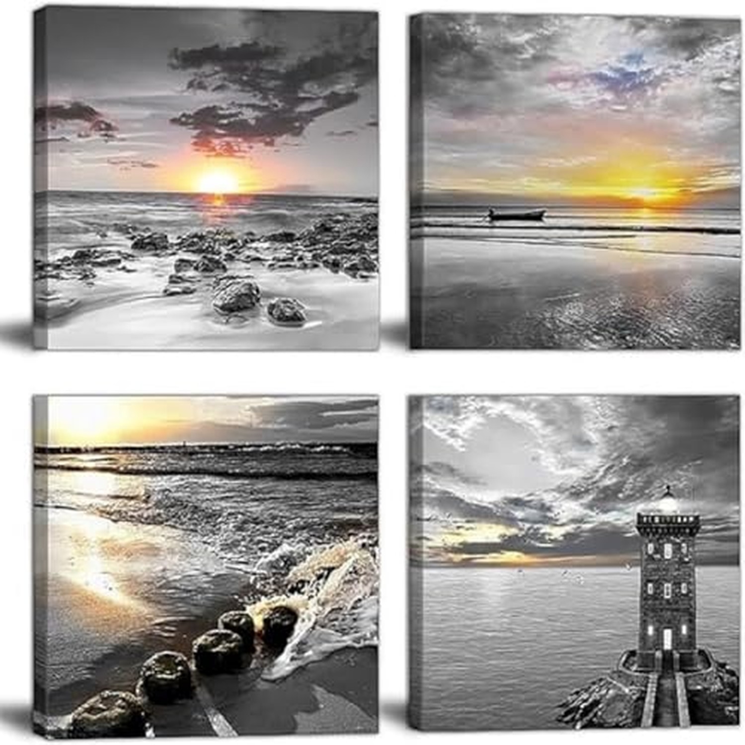 Bamdeya Black and White Gold Beach Wall Art Sea Sunrise Scenery Picture Canva...