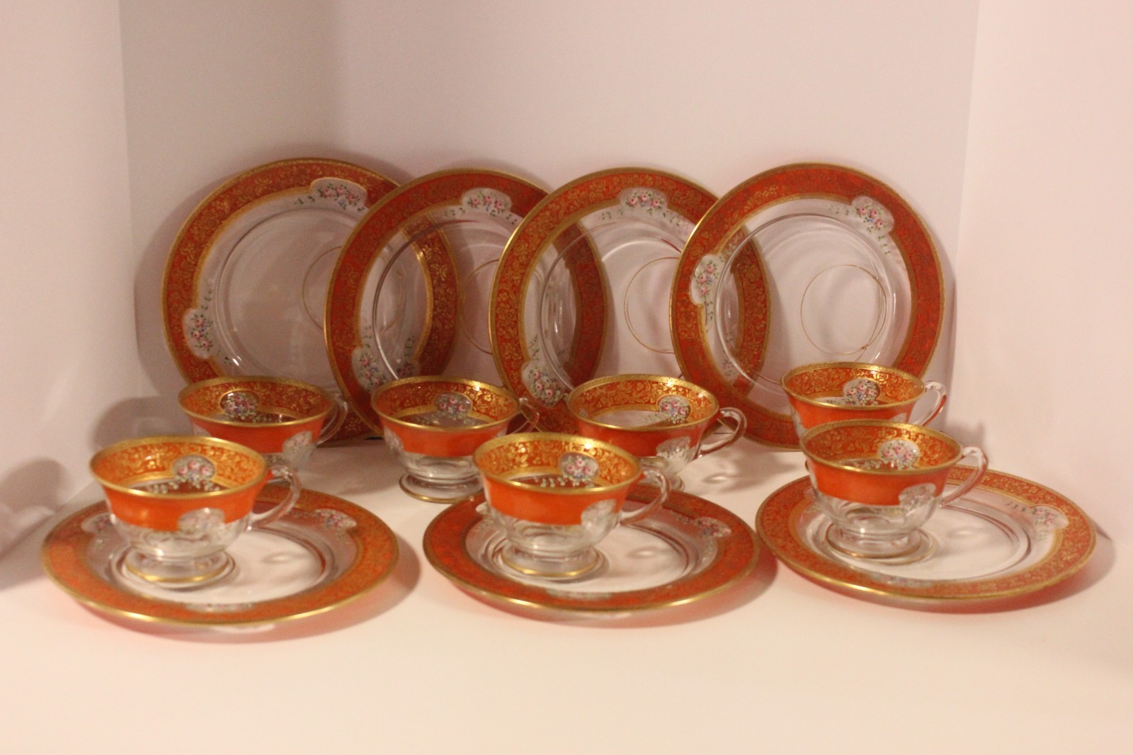 Antique Moser Attributed Glass Cup/Saucer Set, HP Enamel, 7 Sets Available