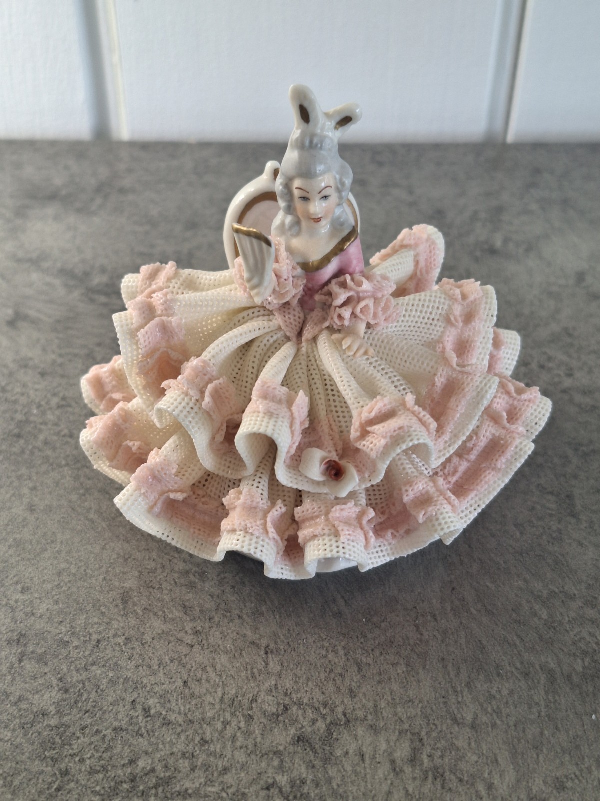 Vintage Dresden Antique German Porcelain Figurine  Lace, Lady Sitting With Fan