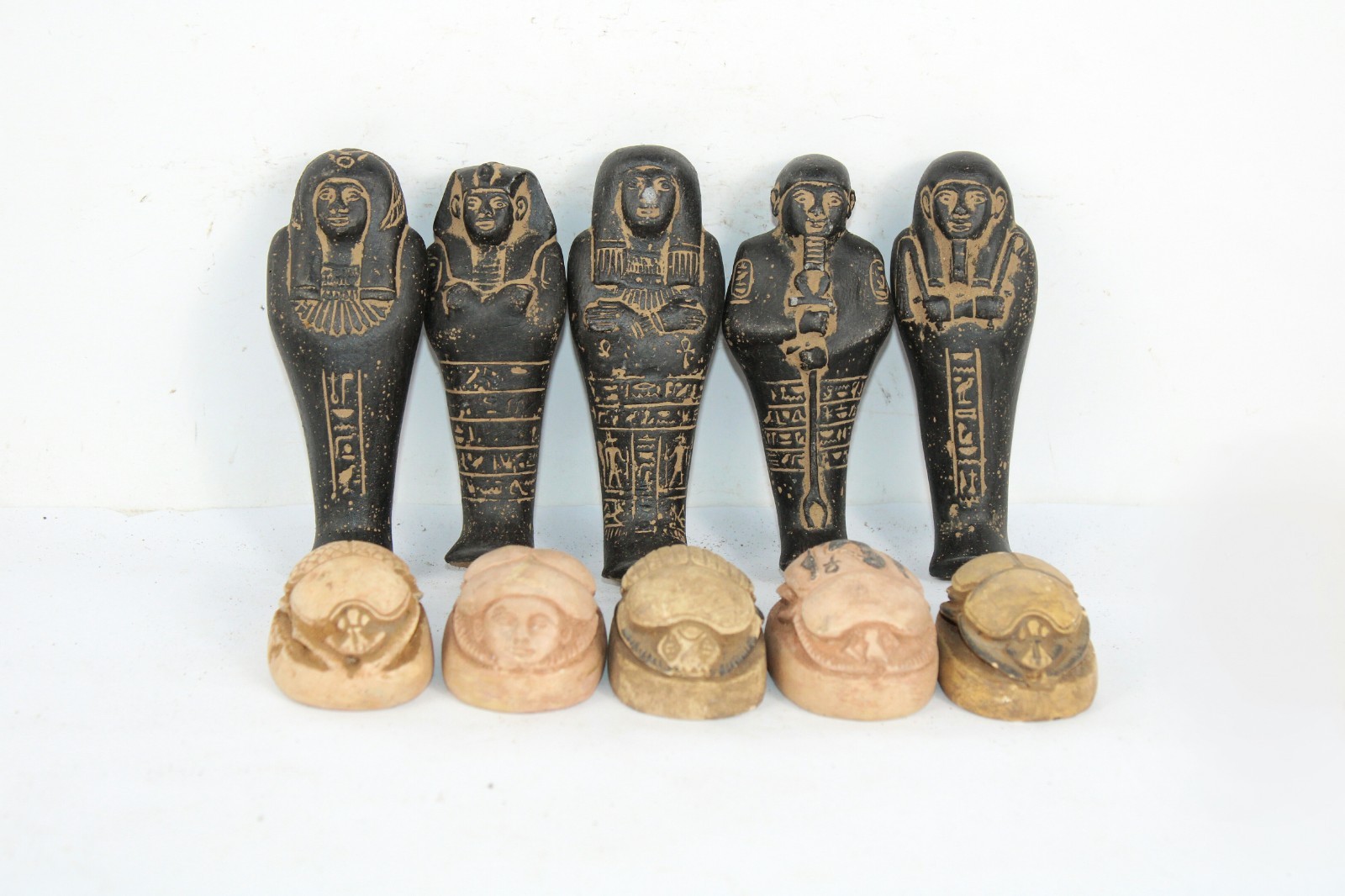 Rare Ancient Egyptian Antique 5 Ushabties Statues and 5 Scarabs BC Egyptology