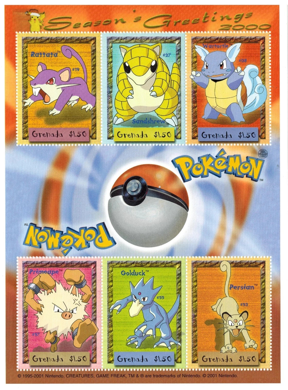Grenada 2001 Pokemon Season's Greetings Sheet Of 6 Stamps Scott #3088 MNH Gem