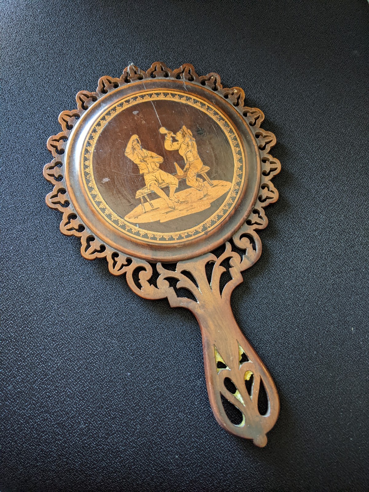 Antique 19th Century Sorrento Ware Hand Mirror Figural Bar Scene As Seen
