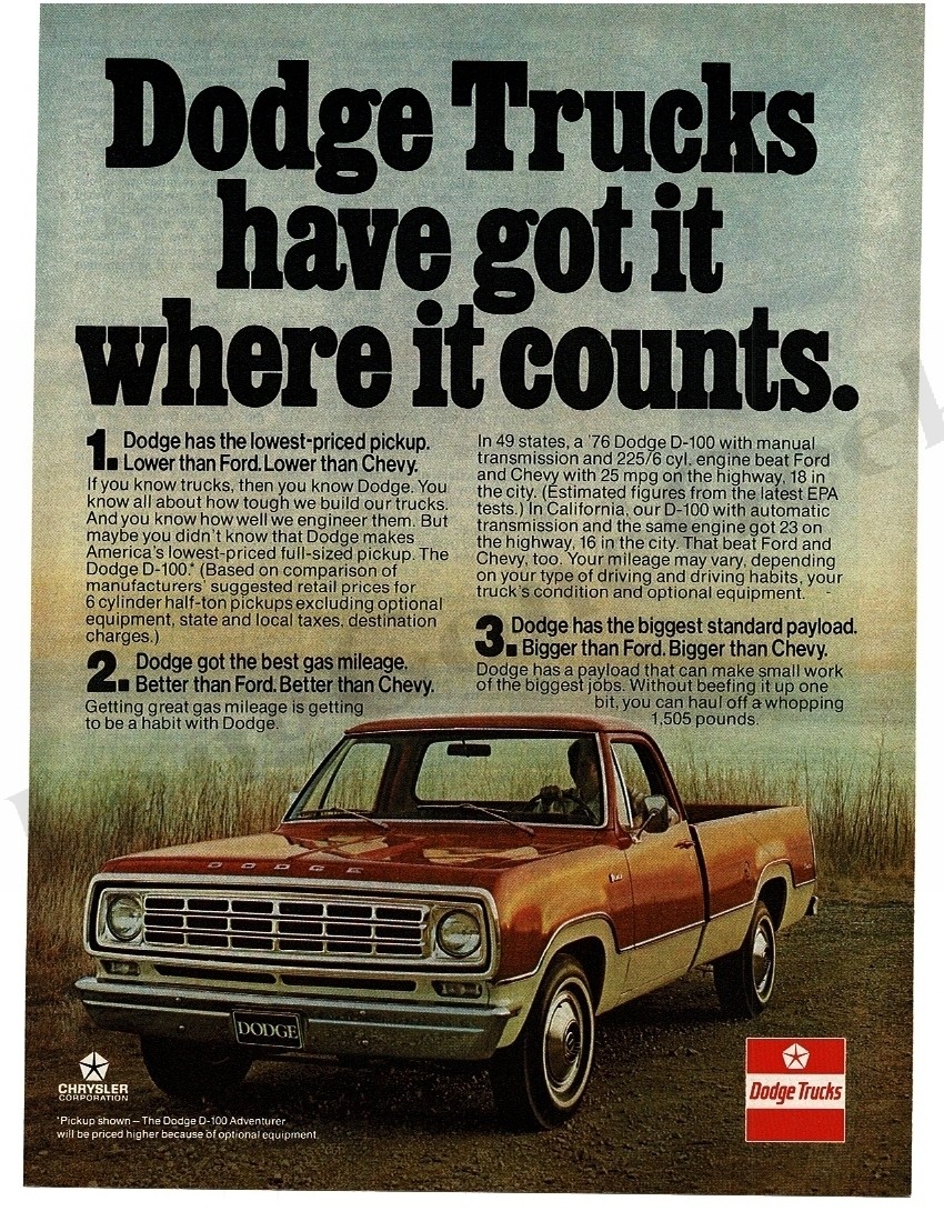 1976 DODGE D-100 Adverturer Red White Pickup Truck Vintage Ad 