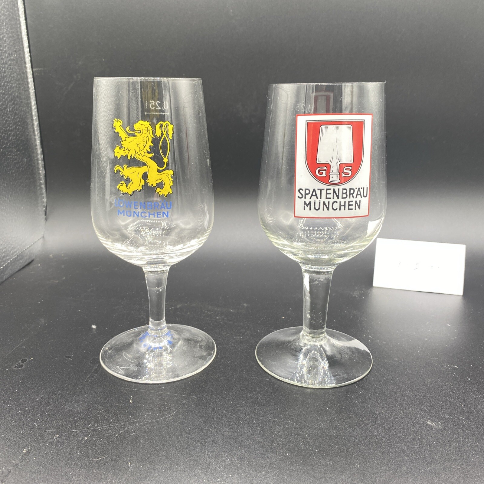 Lot Of 2- German Wine Glasses Spatenbrau & Lowenbrau Munched 7” Tall