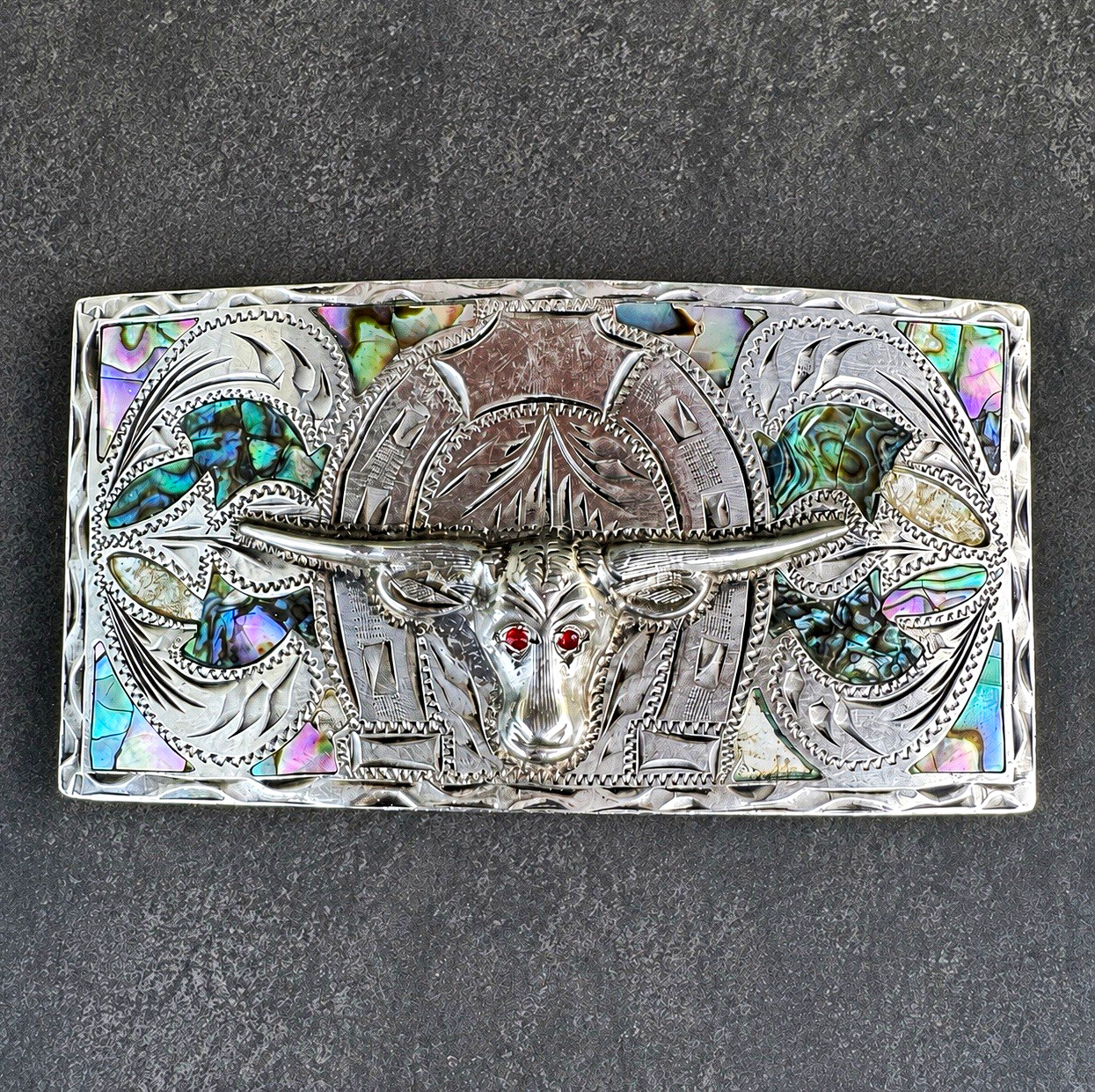 Vintage Plata de Jalisco JFCM 925 Sterling Silver Longhorn Abalone Belt Buckle Vintage Plata de Jalisco JFCM 925 Sterling Silver Longhorn Abalone Belt Buckle