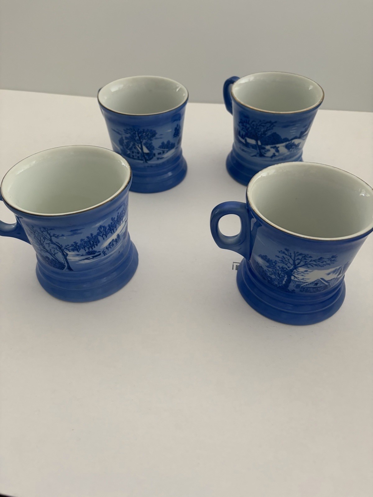 4 Vintage Currier and Ives Mugs “The Homestead in Winter” Series, Gold Rimmed 4 Vintage Currier and Ives Mugs “The Homestead in Winter” Series, Gold Rimmed