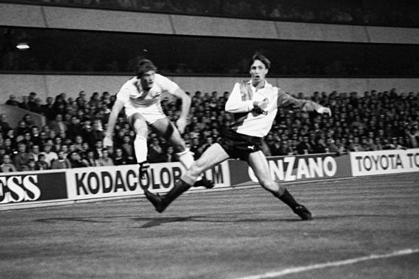 Johann Cruyff of Feyenoord is beaten in a tackle by Tottenham Hots- Old Photo