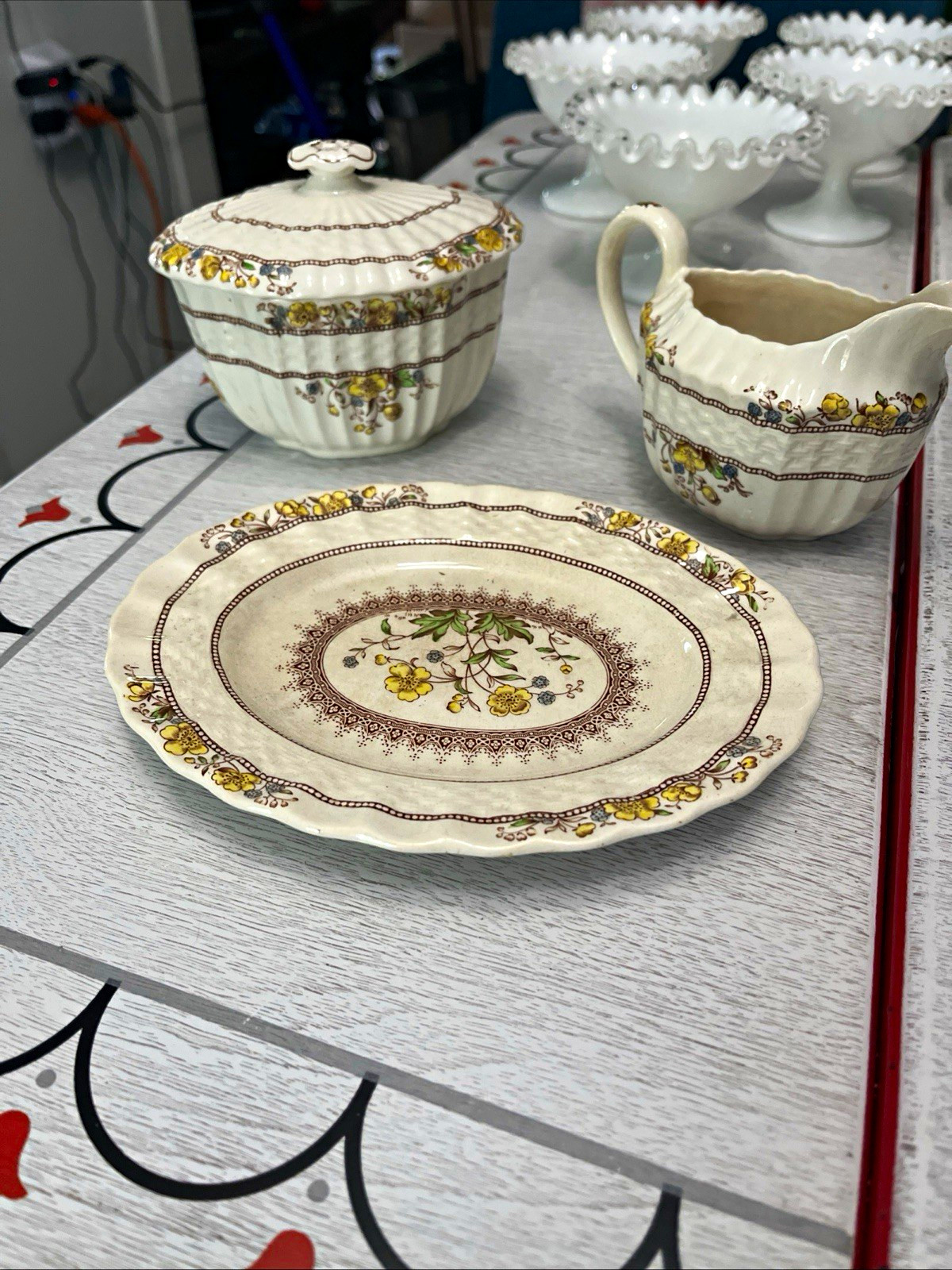 Spode Buttercup Floral Creamer & Sugar Set w/Lid Plate, 4-Piece Vintage