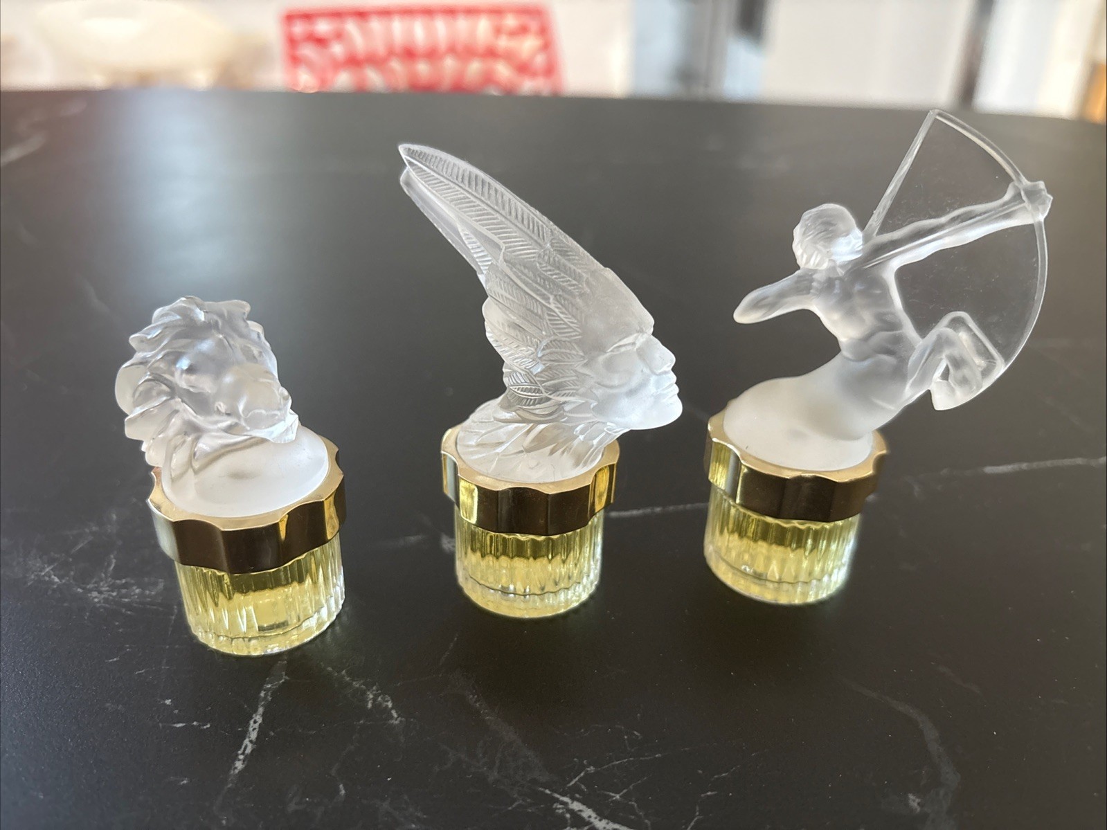 LOT OF 3 MINIATURES PERFUME LALIQUE FROSTED CRYSTAL FIGURATIVE STOPPERS