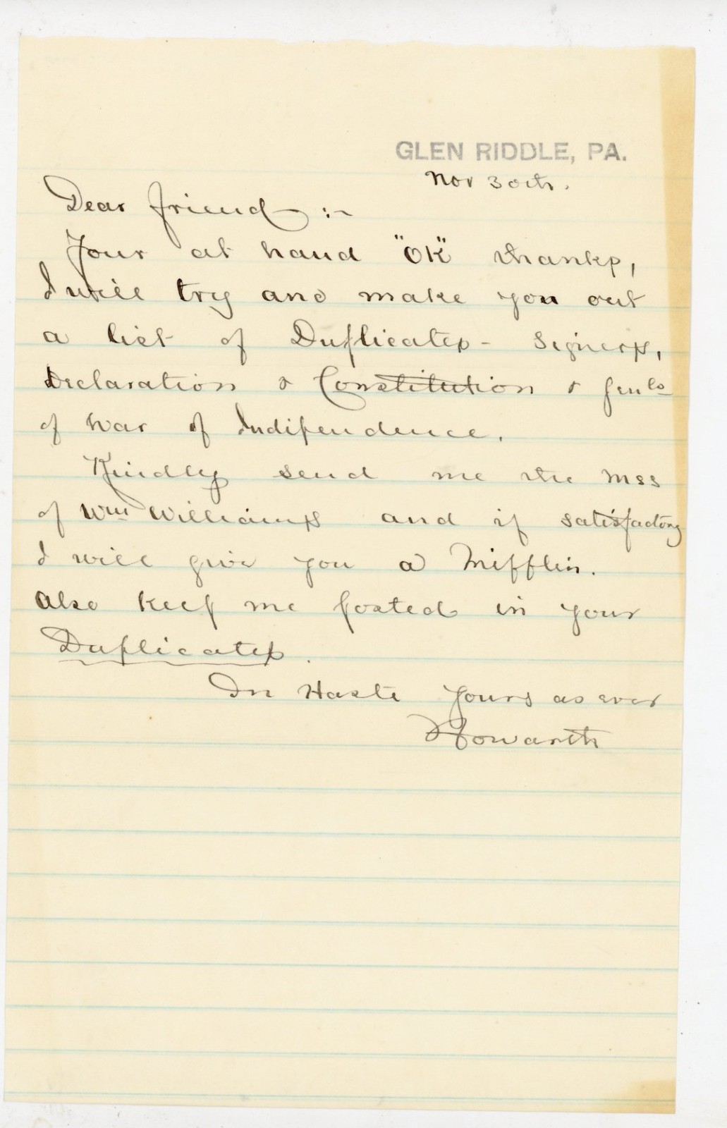 1880s ALS Jas W Howarth Glen Riddle PA Autograph Collector Signers Declaration 1880s ALS Jas W Howarth Glen Riddle PA Autograph Collector Signers Declaration