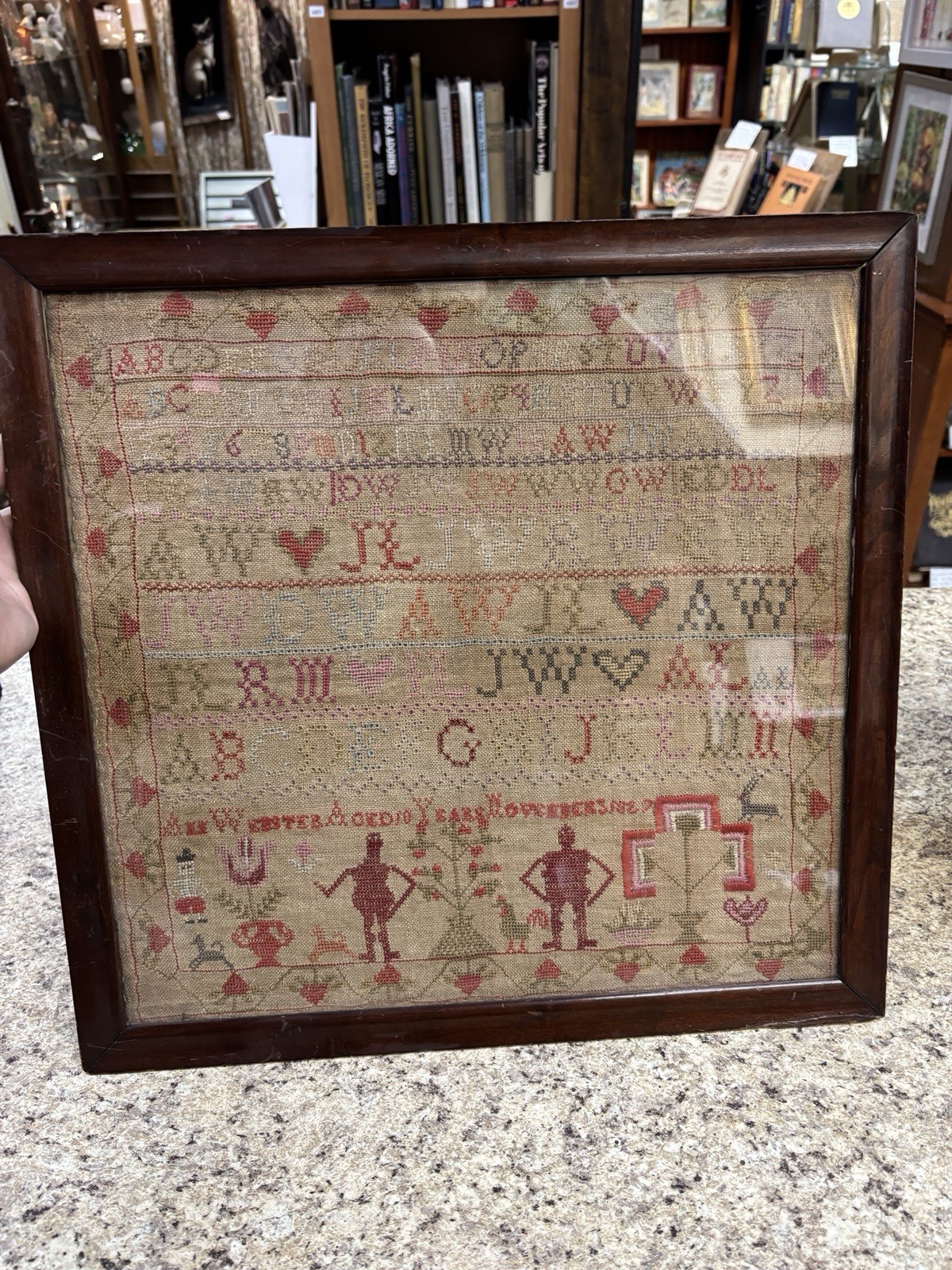 ANTIQUE EARLY 19TH NEEDLEWORK SAMPLER HEARTS, FLOWERS. ANN WEBSTER 1827. 18X18\
