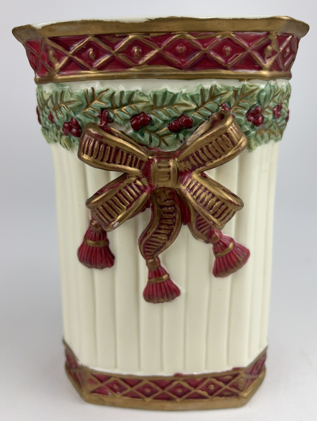 Vintage 7.5” Porcelain Holiday Ribbon Holly Vase International Bazaar Burgundy Vintage 7.5” Porcelain Holiday Ribbon Holly Vase International Bazaar Burgundy