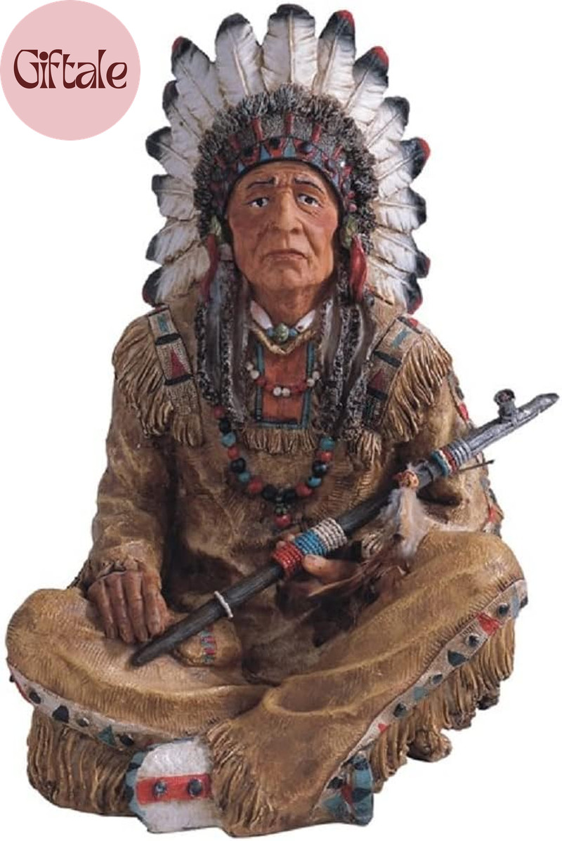 14'' H Indian Chief Sitting Statue Native American Decoration Figurine, Multicol 14'' H Indian Chief Sitting Statue Native American Decoration Figurine, Multicol