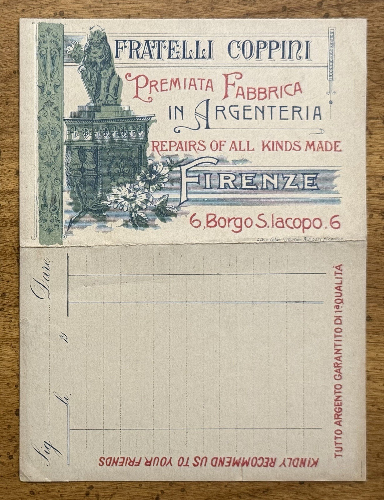EARLY 1900s Fratelli Coppini, Firenze Card With Map 4.5”x3” Souvenir Italy