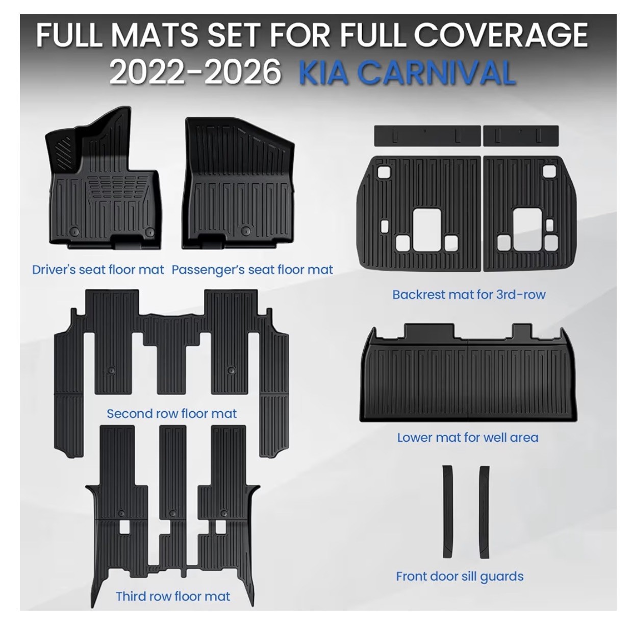 Floor Mats Set for 2022-2026 Kia Carnival, All Weather TPE Backrest Mat