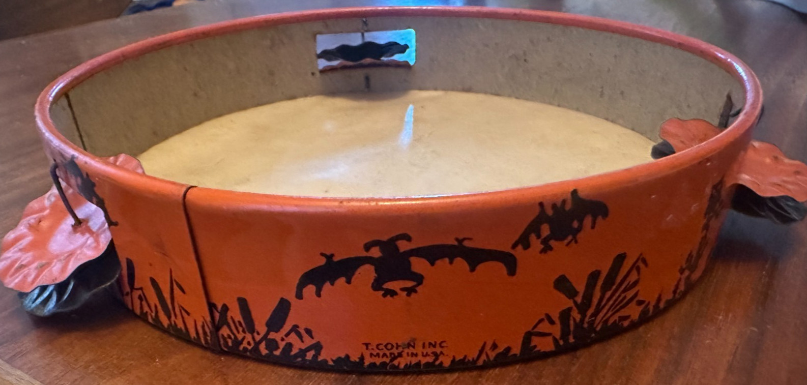 T. Cohn USA Vintage Tin Halloween Tambourine Owl Bats Black Cat